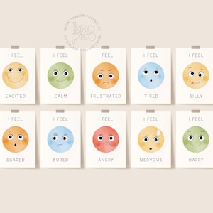 May include: A set of ten printable cards, each featuring a watercolor illustration of a different emotion. The cards display a variety of feelings, including excited, calm, frustrated, tired, silly, scared, bored, angry, nervous, and happy.