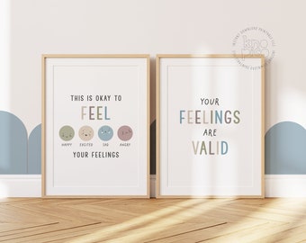 Conjunto de dos carteles sobre sentimientos para niños / Aprendizaje de emociones en psicología escolar / Recursos de apoyo emocional y arte imprimible para salud mental
