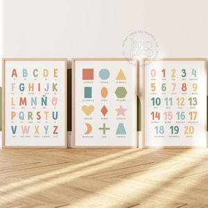 Set of 3 Posters for Spanish Learning - Spanish Alphabet, Numbers, and Shapes | Downloadable prints for Preschool, Classroom & Homeschooling