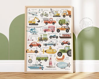 Vehicle ABC Poster Boys Digital Download | Watercolor Transportation Alphabet Wall Art for Toddler Boys Room, Transport Nursery Decor Print