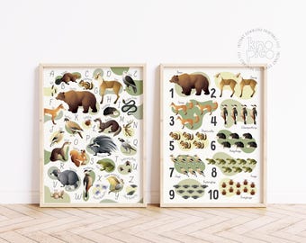 Woodland Kids Alphabet Poster and Counting Numbers Set of 2 | Educational Toddler Playroom Wall Art with Forest Animals for Woodland Nursery