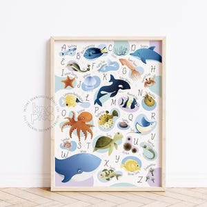 Ocean Animal Alphabet Poster | Educational Nursery Wall Art Decor for Kids Room with Sea Creatures, ABC Learning Print for Toddler Classroom