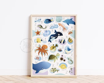 Ozean Tier Alphabet Poster | Kindergarten Wand Kunst Dekor für Kinderzimmer mit Meereskreaturen, ABC Lerndruck für Kleinkind Klassenzimmer