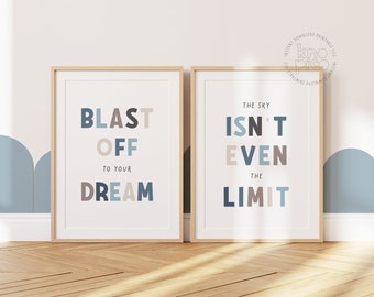 Despega hacia tu sueño y el cielo no es el límite. Juego de 2 láminas. Láminas infantiles con temática espacial. Decoración espacial para dormitorios infantiles.
