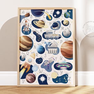 Space Alphabet Poster and Kids ABC Print | Educational Nursery Wall Art with Solar System and Astronomy Toddler Learning or Classroom Decor
