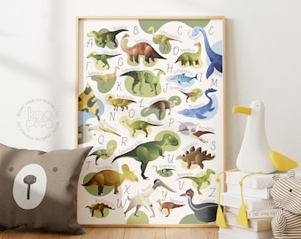 Dinosaur Alphabet Poster Kids Room Wall Art | Educational ABC Learning Print for Dinosaur Nursery Decor and Toddler Bedroom for Boy and Girl