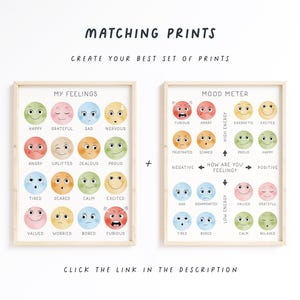 May include: Two framed prints with watercolor illustrations of smiley faces representing different emotions. One print is titled "My Feelings" and the other is "Mood Meter". Text at the top says "Matching Prints" and "Create Your Best Set of Prints".