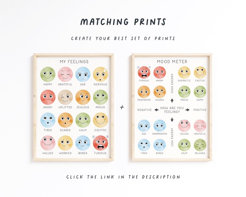 May include: Two framed prints with watercolor illustrations of smiley faces representing different emotions. One print is titled "My Feelings" and the other is "Mood Meter". Text at the top says "Matching Prints" and "Create Your Best Set of Prints".