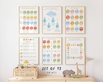May include: A set of six educational wall art prints featuring colorful illustrations of emotions, the zones of regulation, the R.A.I.N. technique, a mood meter, square breathing, and the five senses, displayed in light wood frames on a white wall.