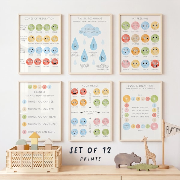 Może przedstawiać: Zestaw sześciu edukacyjnych plakatów ściennych z kolorowymi ilustracjami emocji, stref regulacji, techniki R.A.I.N., miernika nastroju, oddychania kwadratowego i pięciu zmysłów, oprawionych w jasne drewniane ramy na białej ścianie.