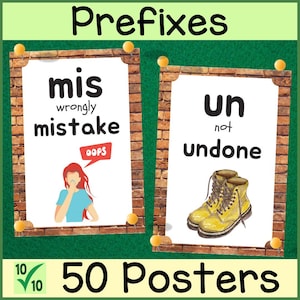 May include: Educational posters on a green background. The posters are framed with brick and held by gold push pins. One poster shows "mis" with "wrongly mistake" and a person covering their mouth. The other shows "un" with "not undone" and yellow boots.