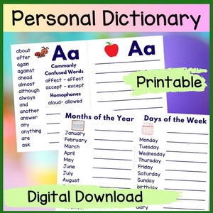 May include: Printable personal dictionary worksheet with a red apple and the letter "Aa" at the top. The worksheet includes a list of commonly confused words, homophones, months of the year, and days of the week.