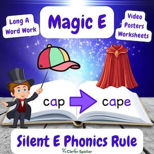 Puede incluir: Gráfico educativo que ilustra la regla de la fonética de la 'e' muda. Presenta un mago de dibujos animados, una gorra de béisbol y una capa roja. Las palabras 'cap' y 'cape' se muestran con una flecha, y el texto 'Magic E'.