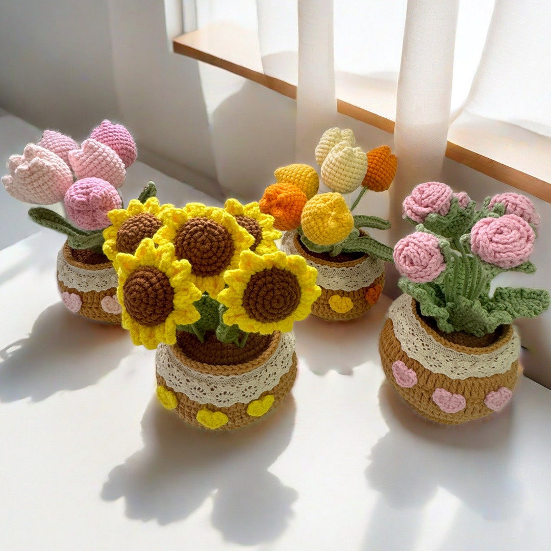 Flowers in Crochet Pot, Home Decoration, Crochet Flower Decoration, Sunflowers, Tulips, Knitted ...