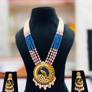 Handmade 18K Gold Peacock Pendent Set with Kundan  Beads  ,Indian Ethnic Bridal Jewelry , Festival & Wedding Jewelry