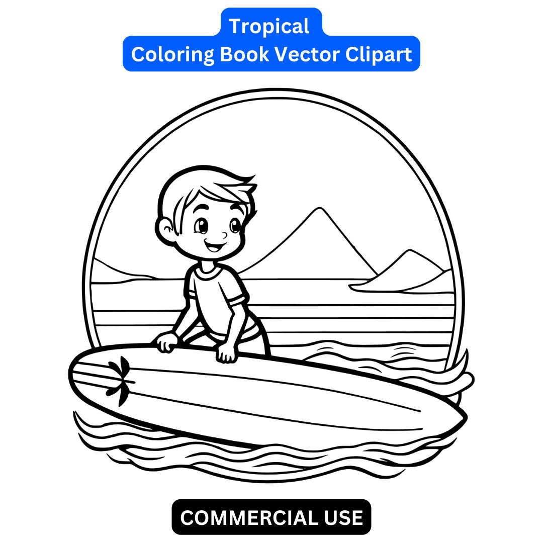 Tropical Easy Coloring Book Page Clipart for Kids 32 PNG Digital