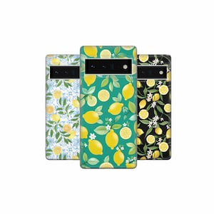 May include: Three phone cases featuring different lemon designs. The first case has a blue and white pattern with lemons and leaves. The second case has a green background with yellow lemons and leaves. The third case has a black background with white lemons and leaves.