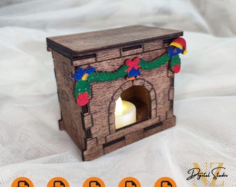 クリスマス暖炉ランタンSVG：レーザーカットキャンドルホルダーテンプレート
