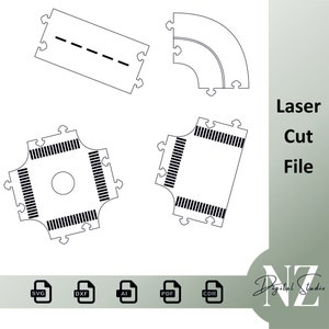 Puede incluir: Un conjunto de cuatro piezas de carretera cortadas con láser para una pista de coches de juguete. Las piezas incluyen una carretera recta, una carretera curva, una intersección de cuatro vías y una intersección en T. Las piezas están diseñadas para ensamblarse juntas para crear un diseño de pista personalizado. La imagen también incluye el texto "Laser Cut File" y "NZ Digital Studio".