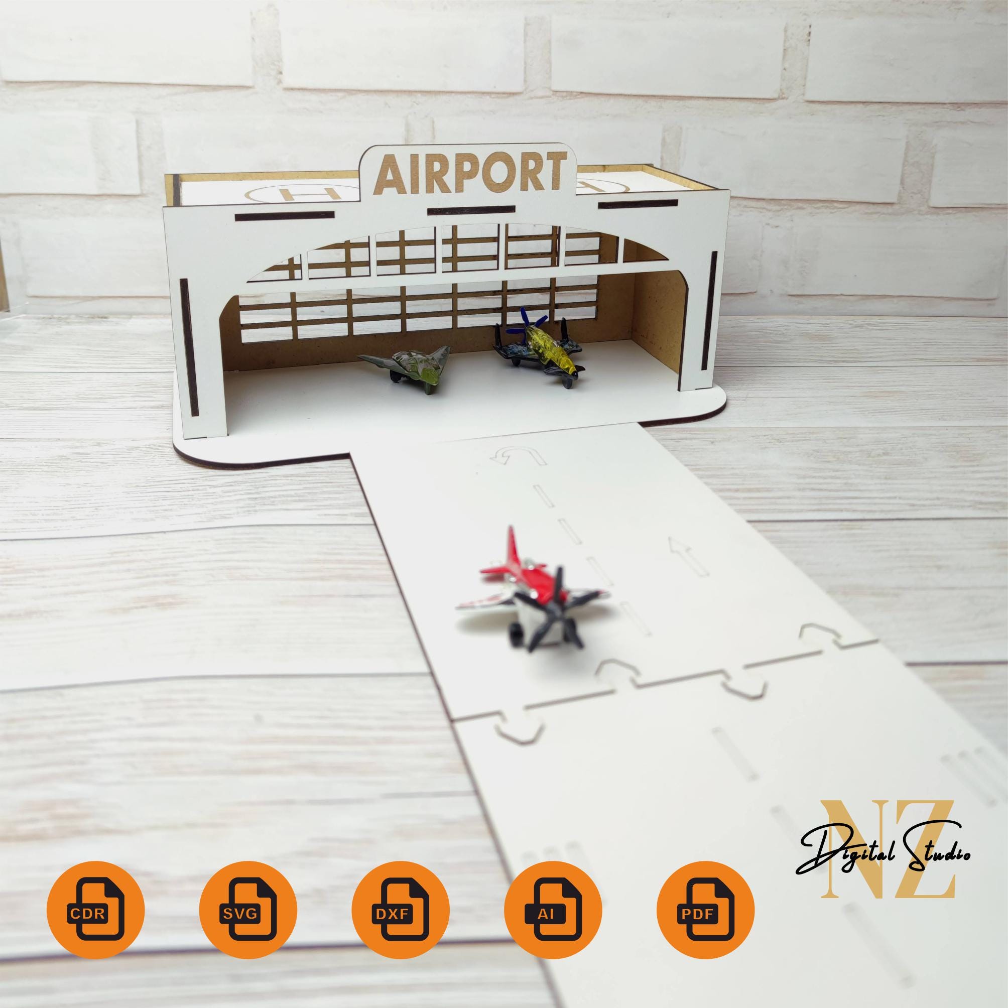 Wood Toy Airport - Fichiers découpés au laser pour garage (téléchargement numérique)