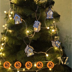 Arquivo digital Guirlanda de casas de Natal DXF, modelo de decoração a laser, corte a laser, corte a laser de vila de Natal, enfeite de árvore de casas de Natal