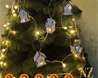 クリスマスハウスガーランドレーザーカットファイル：DXF、SVG、CDR（デジタルダウンロード）
