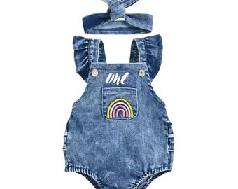 Tenue en jean pour le premier anniversaire, tenue pour fille pour le 1er anniversaire, tenue Cake Smash, 1er anniversaire, jolie barboteuse en jean, accessoire photo pour le premier anniversaire