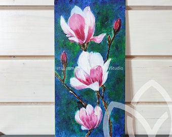Magnolia oil painting on a canvas on a hardboard