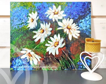 Daisies flowers oil painting on a canvas on a hardboard