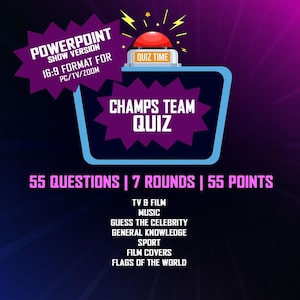 Puede incluir: Una plantilla de PowerPoint colorida para un concurso de equipo con 55 preguntas, 7 rondas y 55 puntos. La plantilla presenta un botón rojo con el texto "Quiz Time" y un fondo azul y rosa.