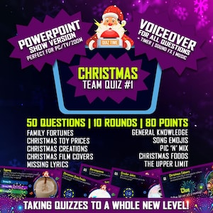 Puede incluir: Un póster morado y amarillo con un Papá Noel de dibujos animados sosteniendo un botón rojo que dice "Quiz Time". El póster anuncia un concurso de equipo de Navidad con 50 preguntas, 10 rondas y 80 puntos. El póster incluye una lista de categorías para el concurso, como "Family Fortunes", "Christmas Toy Prices", "Christmas Creations", "Christmas Film Covers" y "Missing Lyrics".
