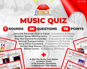 Trivia-quiz muziek: 7 ronden, 69 vragen: partygame printbaar (pdf-download)
