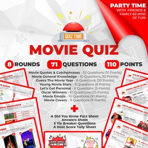 Puede incluir: Un juego de preguntas sobre películas con el texto "Movie Quiz" y "Quiz Time". El juego incluye 8 rondas, 71 preguntas y 110 puntos. El juego incluye varias categorías y una pancarta de "Party Time".