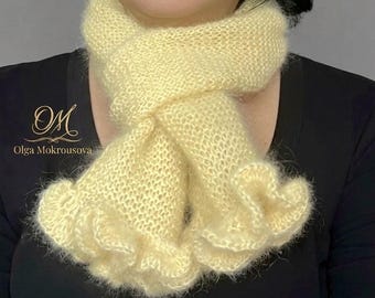 Lace Silk Mohair Scarf Knitting Pattern PDF, Beginner Knit Ruffle Shawl Tutorial, DIY Fluffy Scarf Pattern, Easy Knit Gift for Her