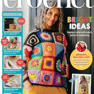 May include: A crochet magazine cover featuring a woman wearing a colorful granny square crochet top. The cover text reads "Bright Ideas" and "Fabulous crochet motif projects, perfect for stashbusting".