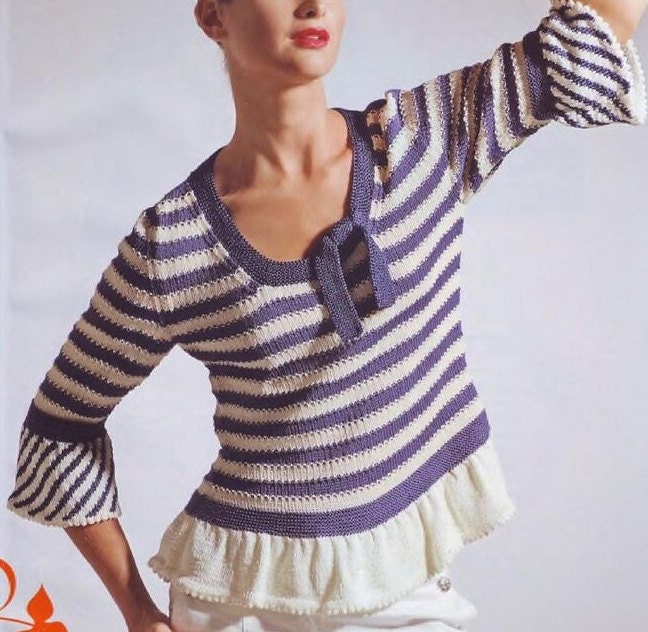Pull Anny Blatt Modèle MARIE - Rayé Bleu Blanc Avec Fil Or - Taille XL - Made In France