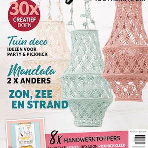 May include: A magazine cover titled "Hobby Handig" features three hanging crochet lampshades in cream, mint green, and coral. Text includes "30x Creatief Doen", "Tuin Deco", "Mandala", and "8x Handwerktoppers".