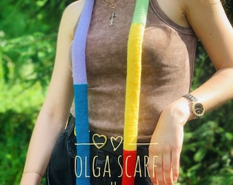Knitted Rainbow Skinny Scarf PDF Pattern: Wool Mini Scarf