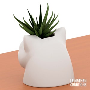 May include: White ceramic planter shaped like a cat's head with a green succulent plant inside.