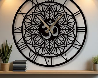 Mandala Om Metal Wall Clock – Laser Cut Boho Yoga Decor