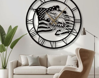 American Eagle Metal Wall Clock: Patriotic USA Flag Art