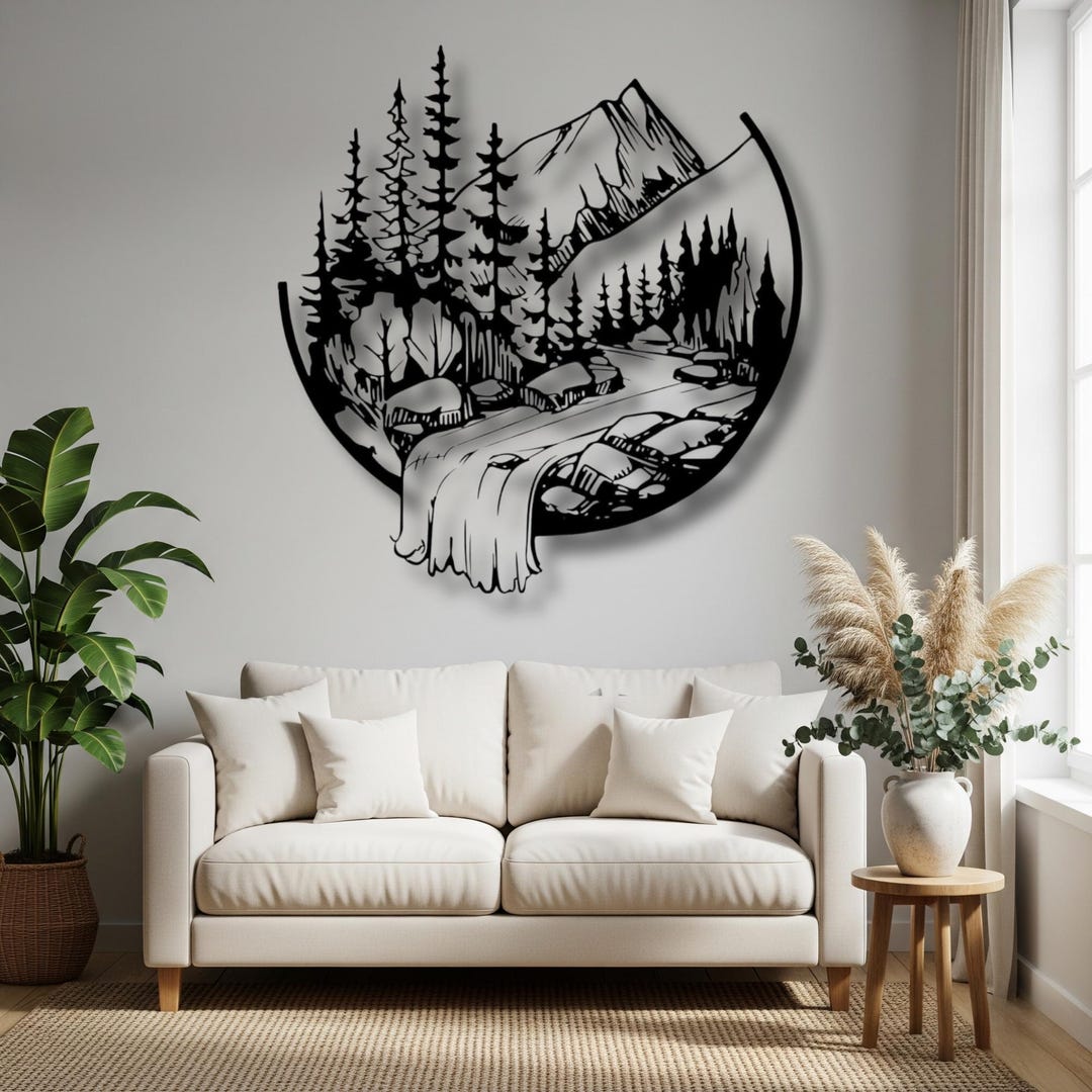 Mountain Forest Scene, Rustic Cabin Decor, Round Nature Hanging, Metal ...