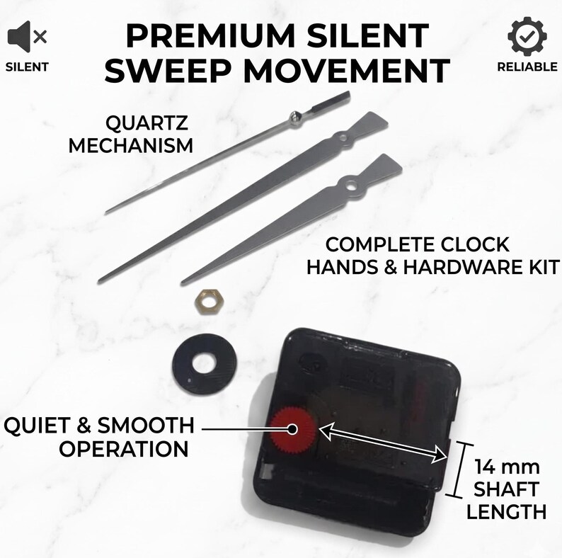 May include: A complete clock hands and hardware kit with a quartz mechanism. The kit includes clock hands, a black clock movement, and other hardware. The shaft length is 14 mm. The text on the image says "Premium Silent Sweep Movement".