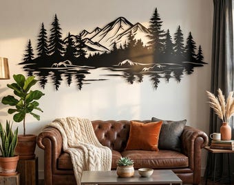 Black Metal Mountain Lake Wall Art: Rustic Cabin Decor