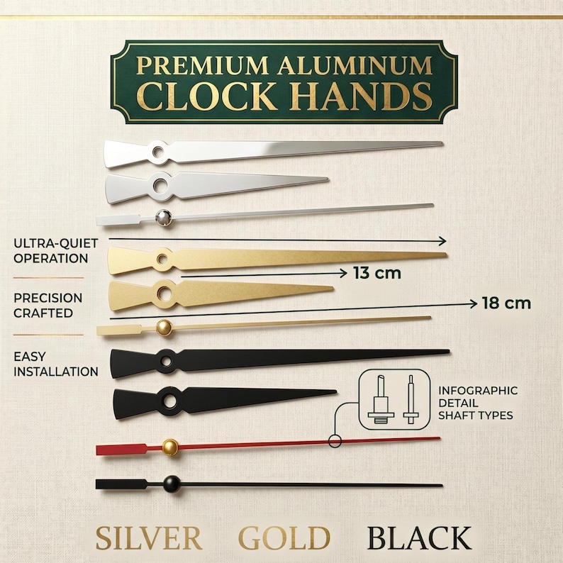 May include: An image showcasing premium aluminum clock hands in silver, gold, and black. The image includes hands of various lengths, with the longest measuring 18 cm. Text highlights features like ultra-quiet operation and easy installation.