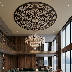 May include: An interior shot of a luxurious living room with a large, ornate chandelier and a decorative ceiling panel. The room features floor-to-ceiling windows, wooden paneling, and a green sofa. The overall design is modern and elegant.