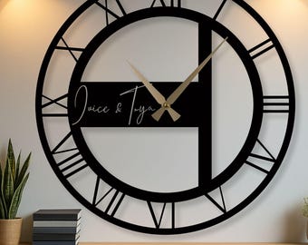 Personalized Roman Numeral Metal Wall Clock – Modern Home Decor