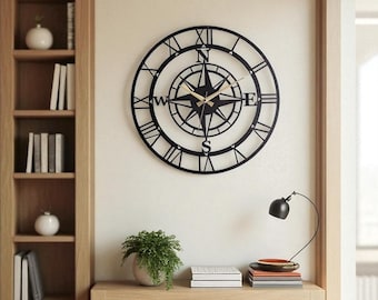 Nautische Kompass Metall Wanduhr - Große Wandkunst mit römischen Ziffern