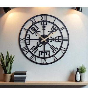 Black Metal Viking Compass Wall Clock: Silent Nordic Home Decor