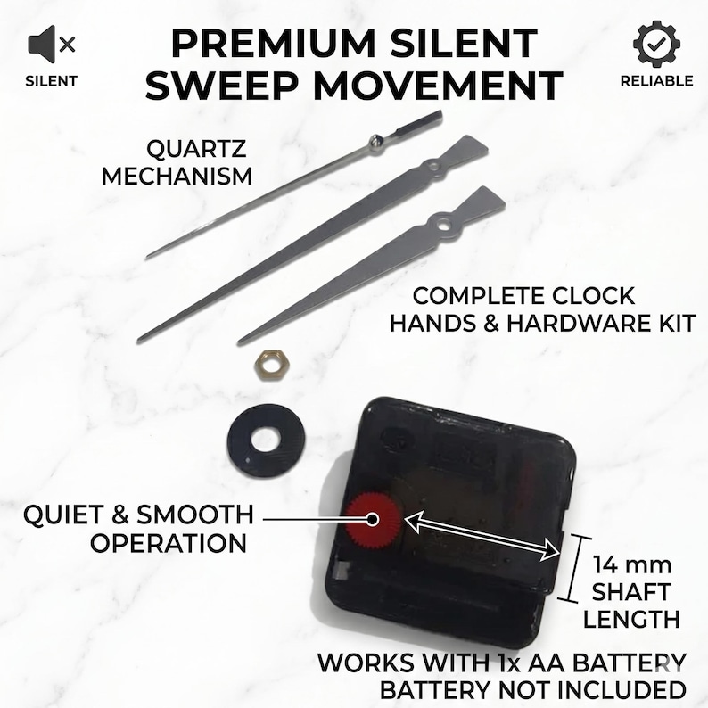 May include: Clock mechanism kit with black clock hands, a black clock face, and a quartz mechanism. The kit includes a 14 mm shaft length and is designed for quiet and smooth operation. The text reads "Premium Silent Sweep Movement".